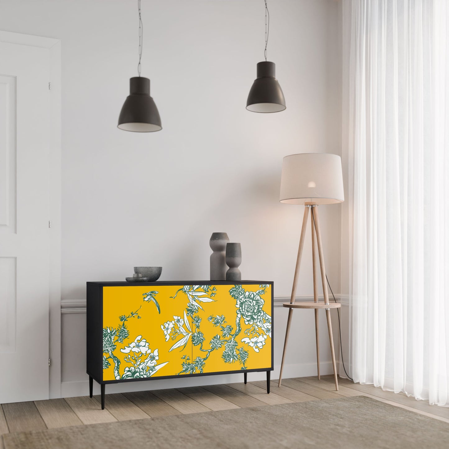 YELLOW CHINOISERIE 2-Door Sideboard in Black Finish