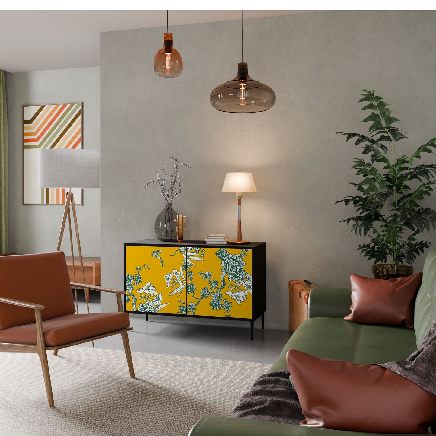 YELLOW CHINOISERIE 2-Door Sideboard in Black Finish