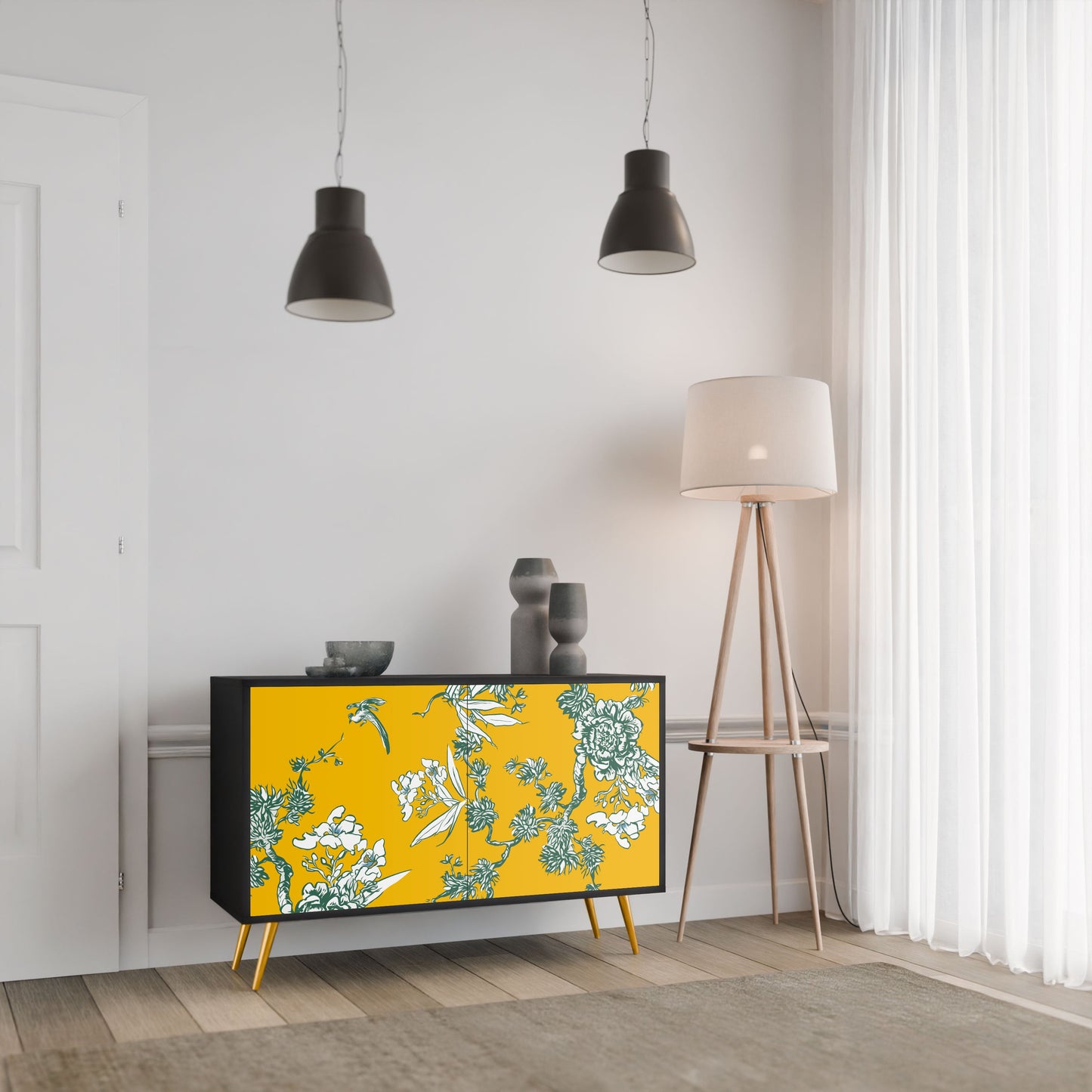 YELLOW CHINOISERIE 2-Door Sideboard in Black Finish