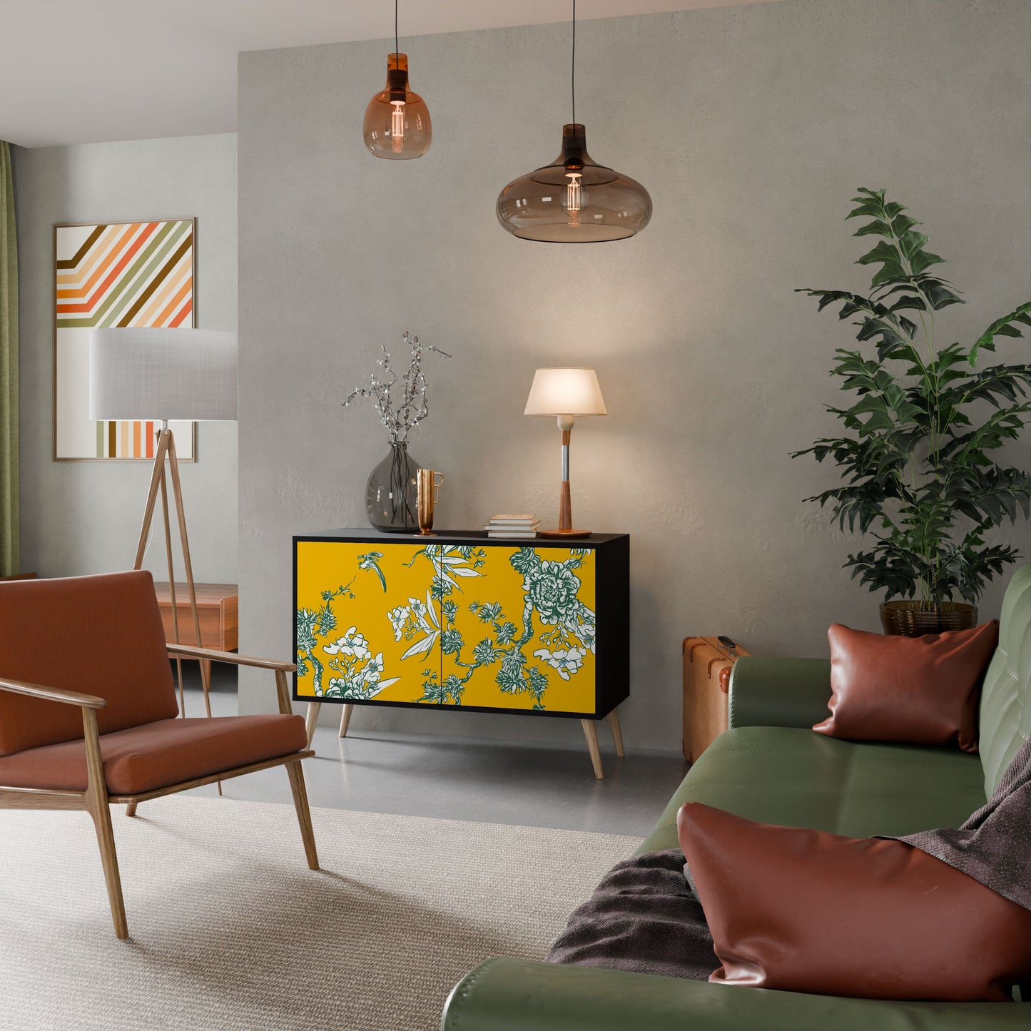 YELLOW CHINOISERIE 2-Door Sideboard in Black Finish