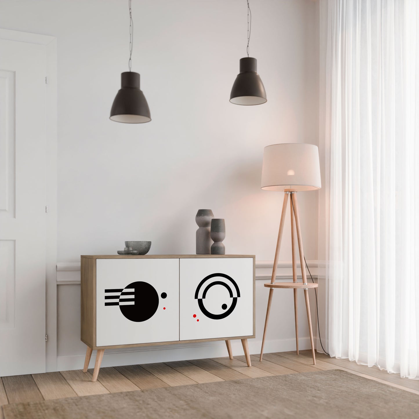 Credenza a 2 ante con combinazione bianco e nero effetto rovere
