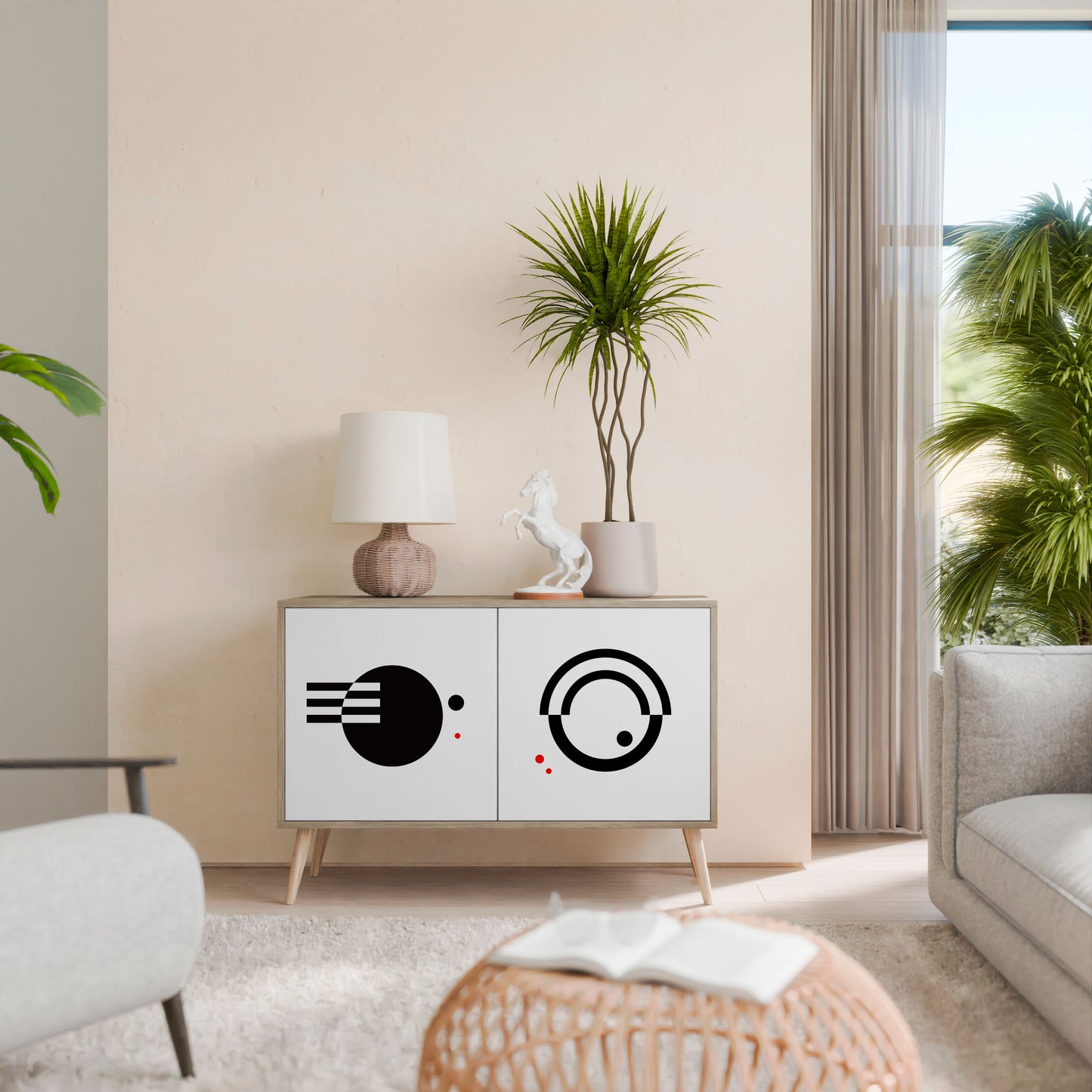 Credenza a 2 ante con combinazione bianco e nero effetto rovere