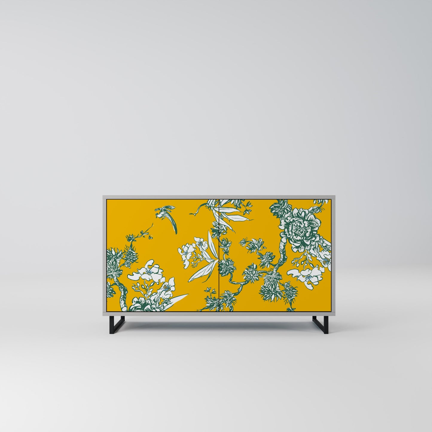YELLOW CHINOISERIE 2-Door Sideboard in Grey Finish