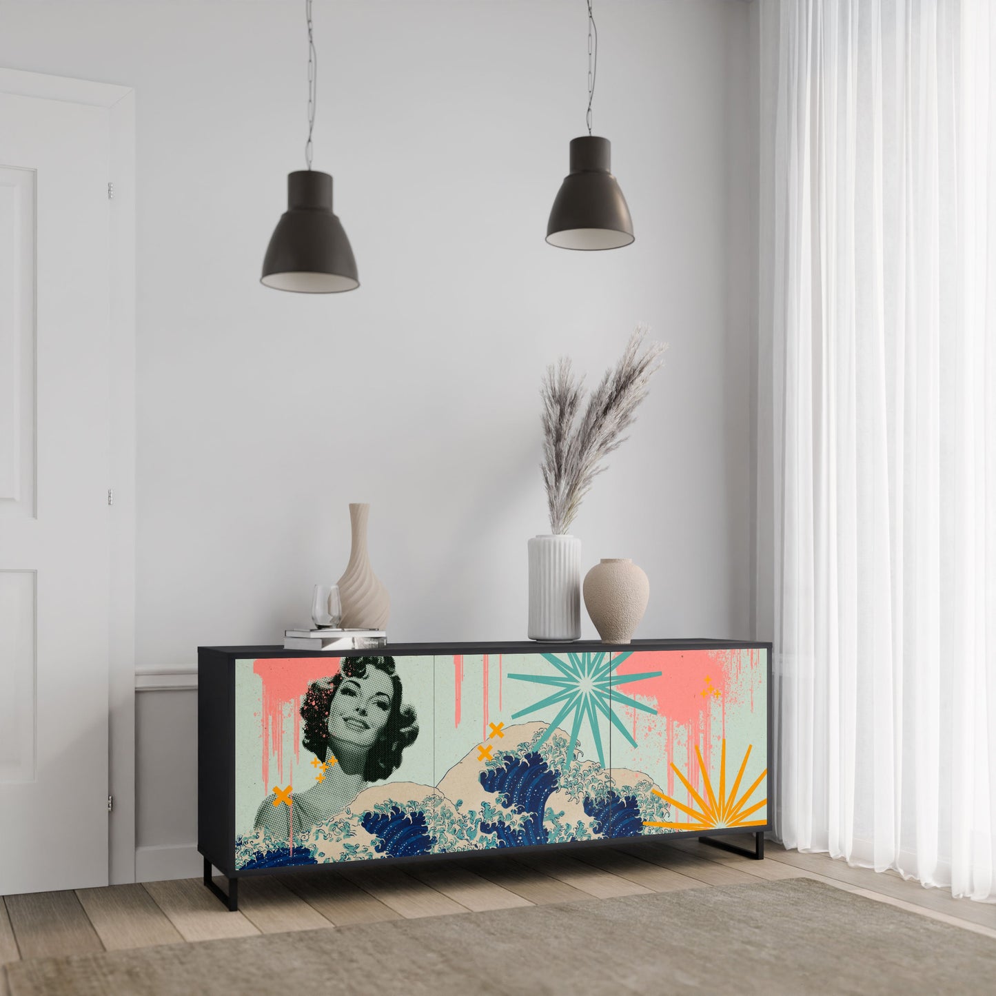 KANAGAWA BEAUTY 3-Door Sideboard in Black Finish