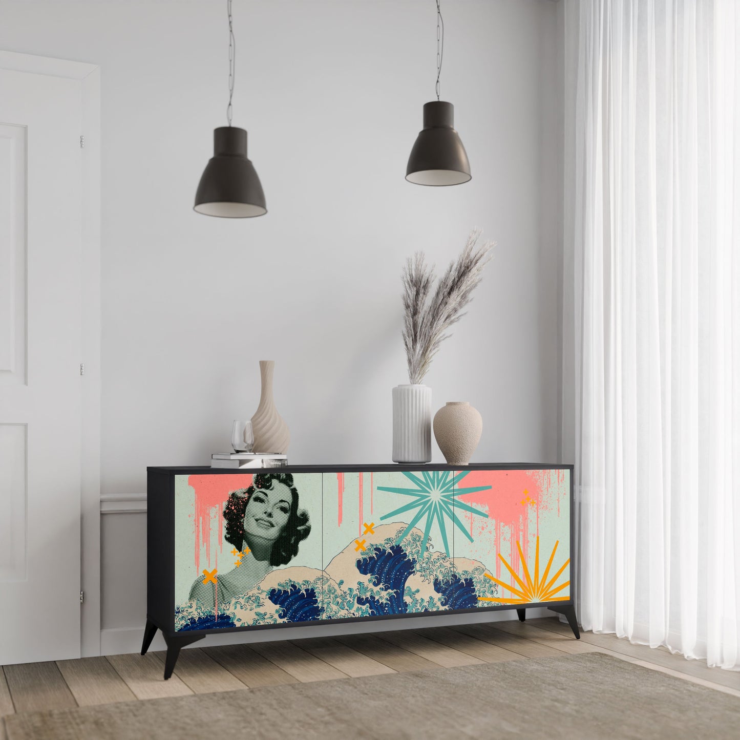 KANAGAWA BEAUTY 3-Door Sideboard in Black Finish