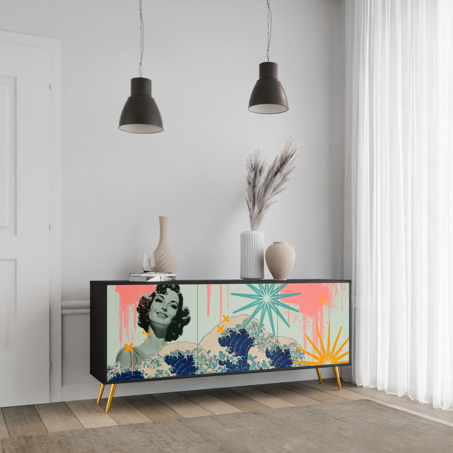 KANAGAWA BEAUTY 3-Door Sideboard in Black Finish