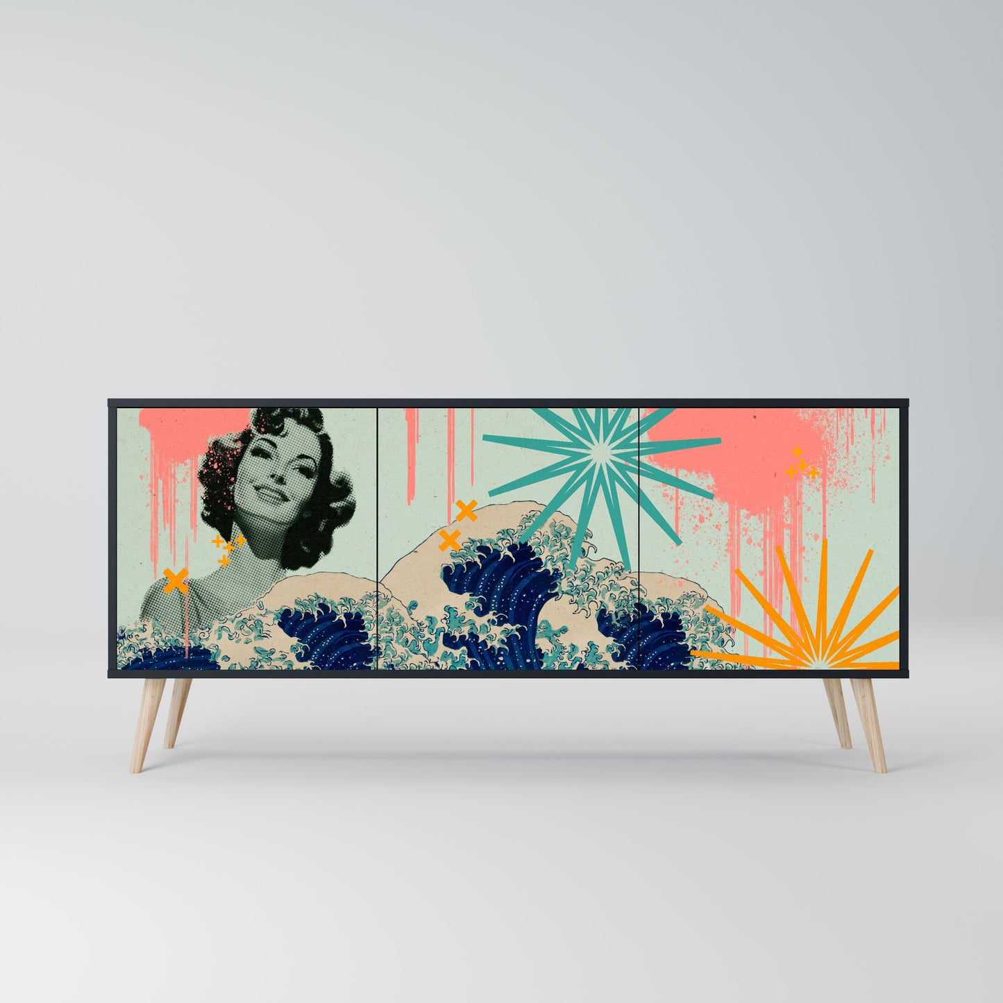 KANAGAWA BEAUTY 3-Door Sideboard in Black Finish