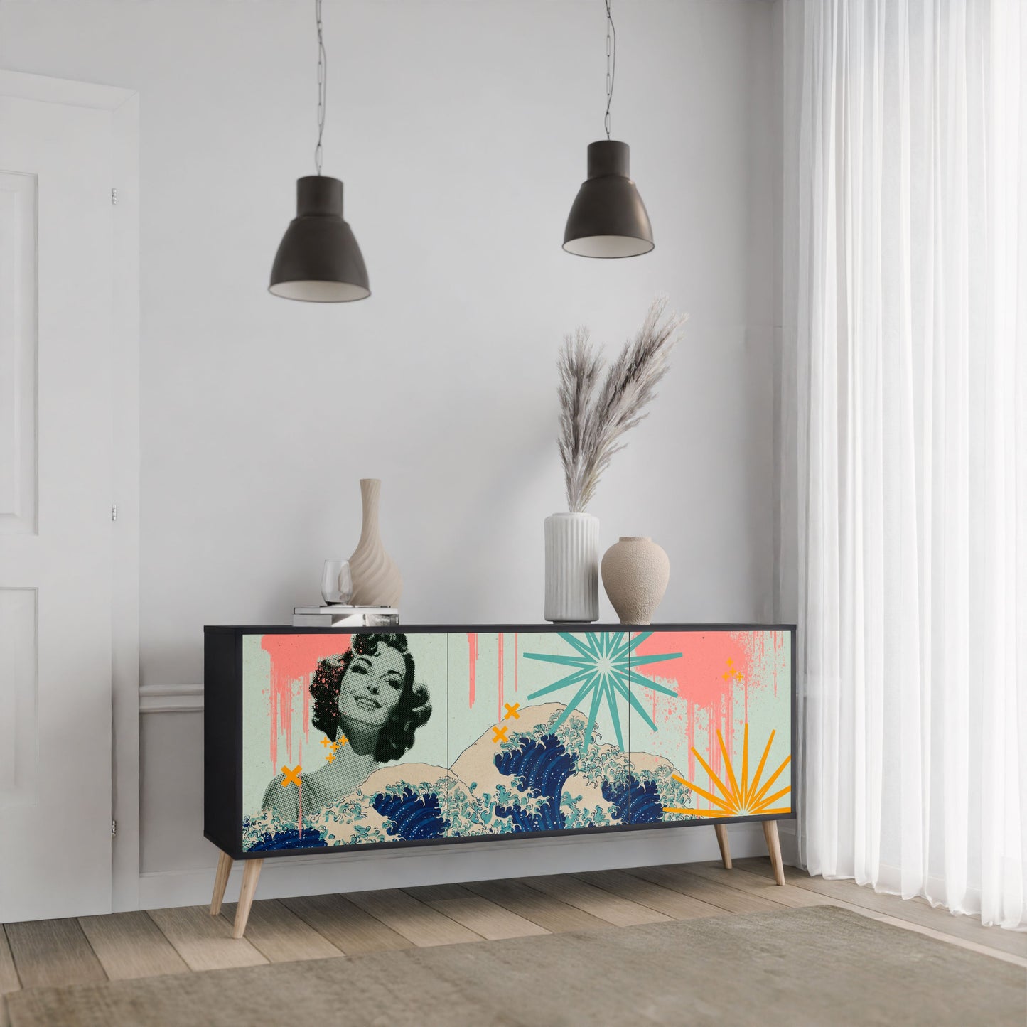 KANAGAWA BEAUTY 3-Door Sideboard in Black Finish