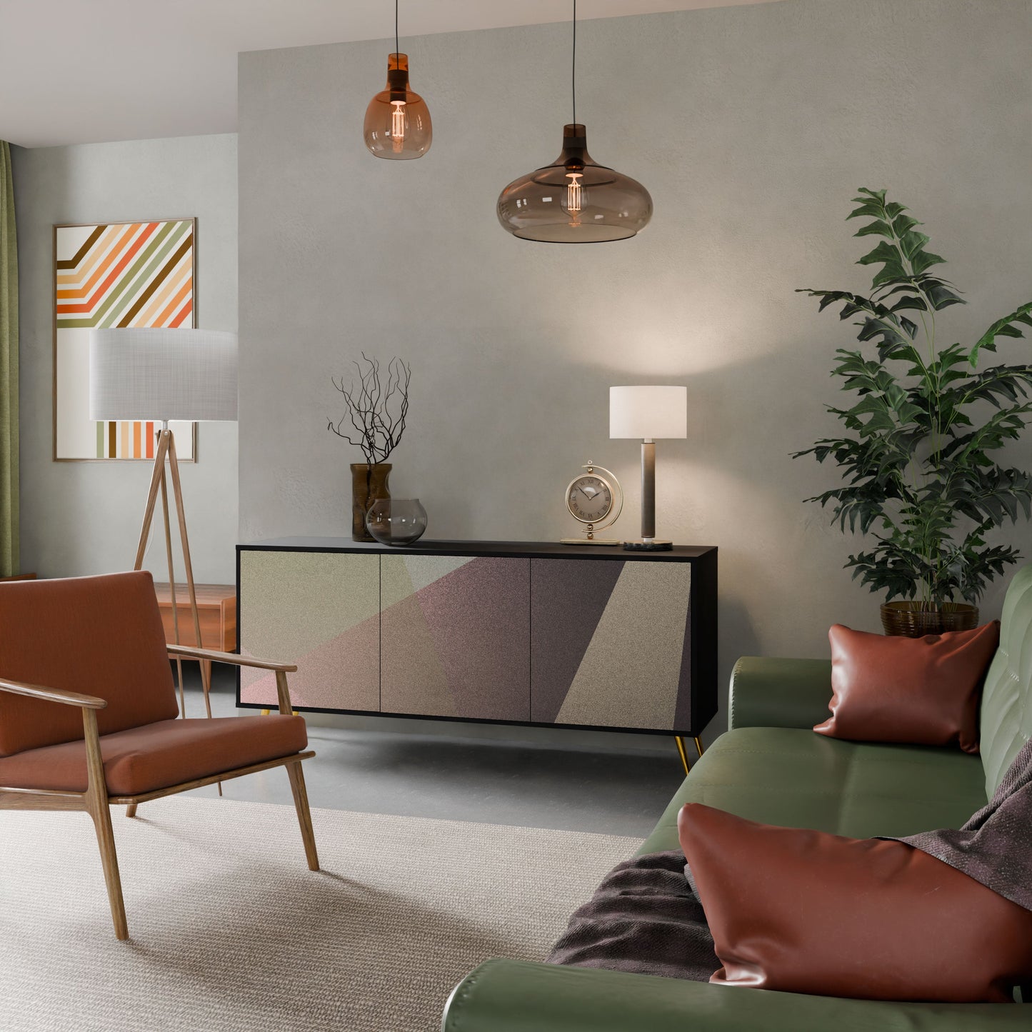 BEIGE GEOMETRY 3-Door Sideboard in Black Finish