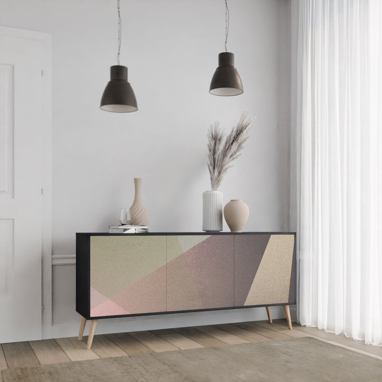 BEIGE GEOMETRY 3-Door Sideboard in Black Finish