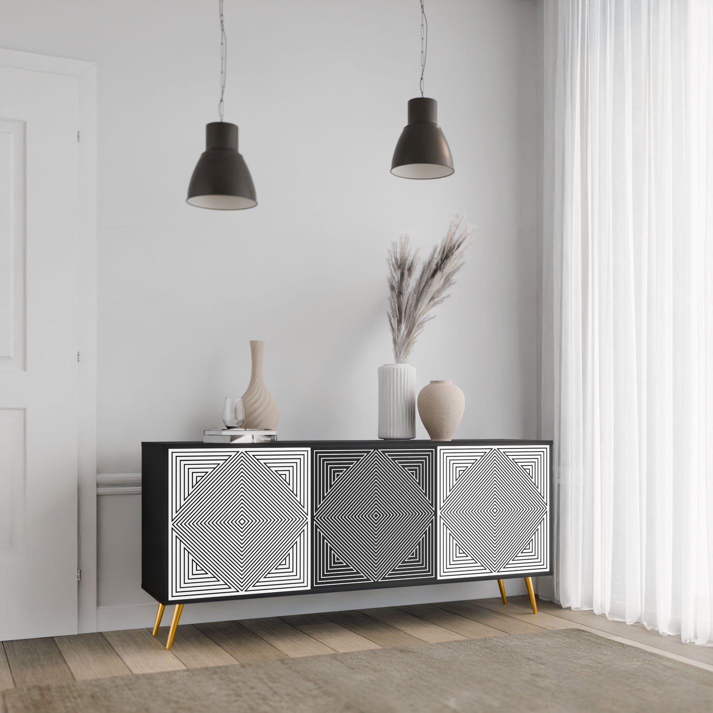 POLYGON ILLUSION 3-Door Sideboard in Black Finish