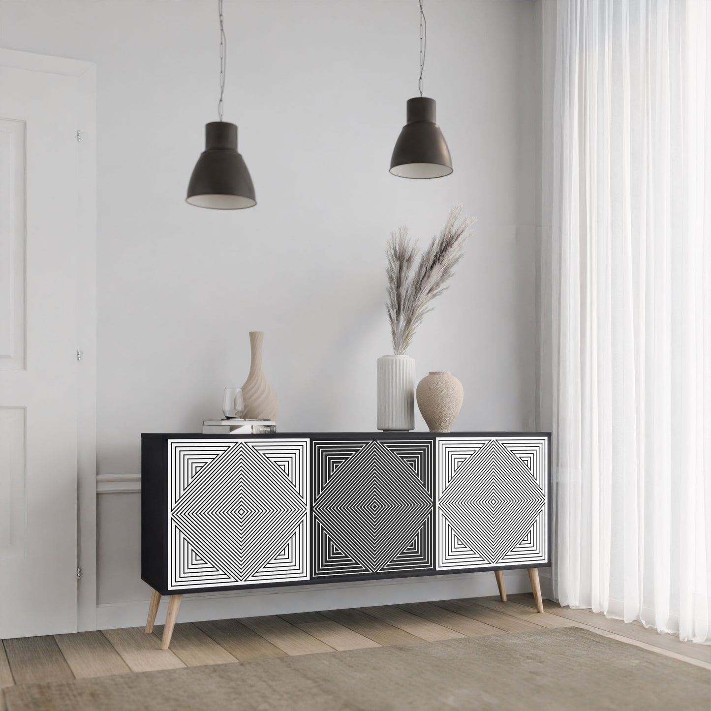 POLYGON ILLUSION 3-Door Sideboard in Black Finish