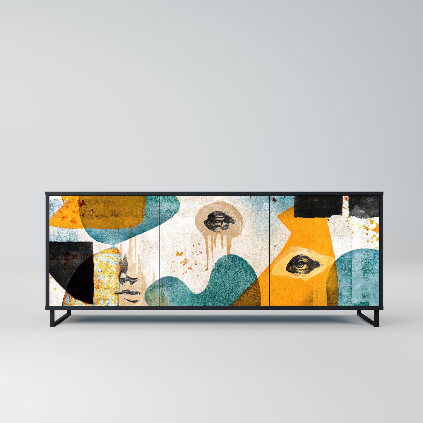 ABSTRACT FACES 3-Door Sideboard in Black Finish