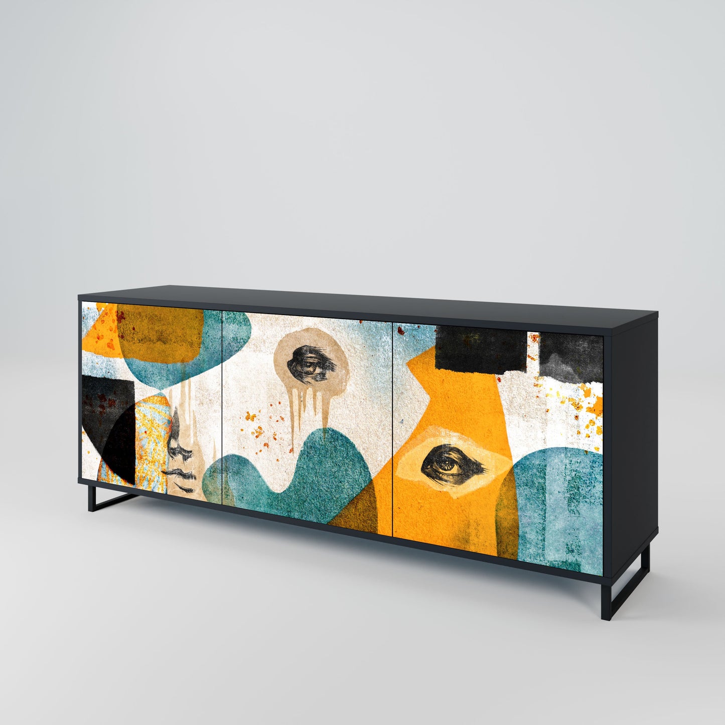 ABSTRACT FACES 3-Door Sideboard in Black Finish