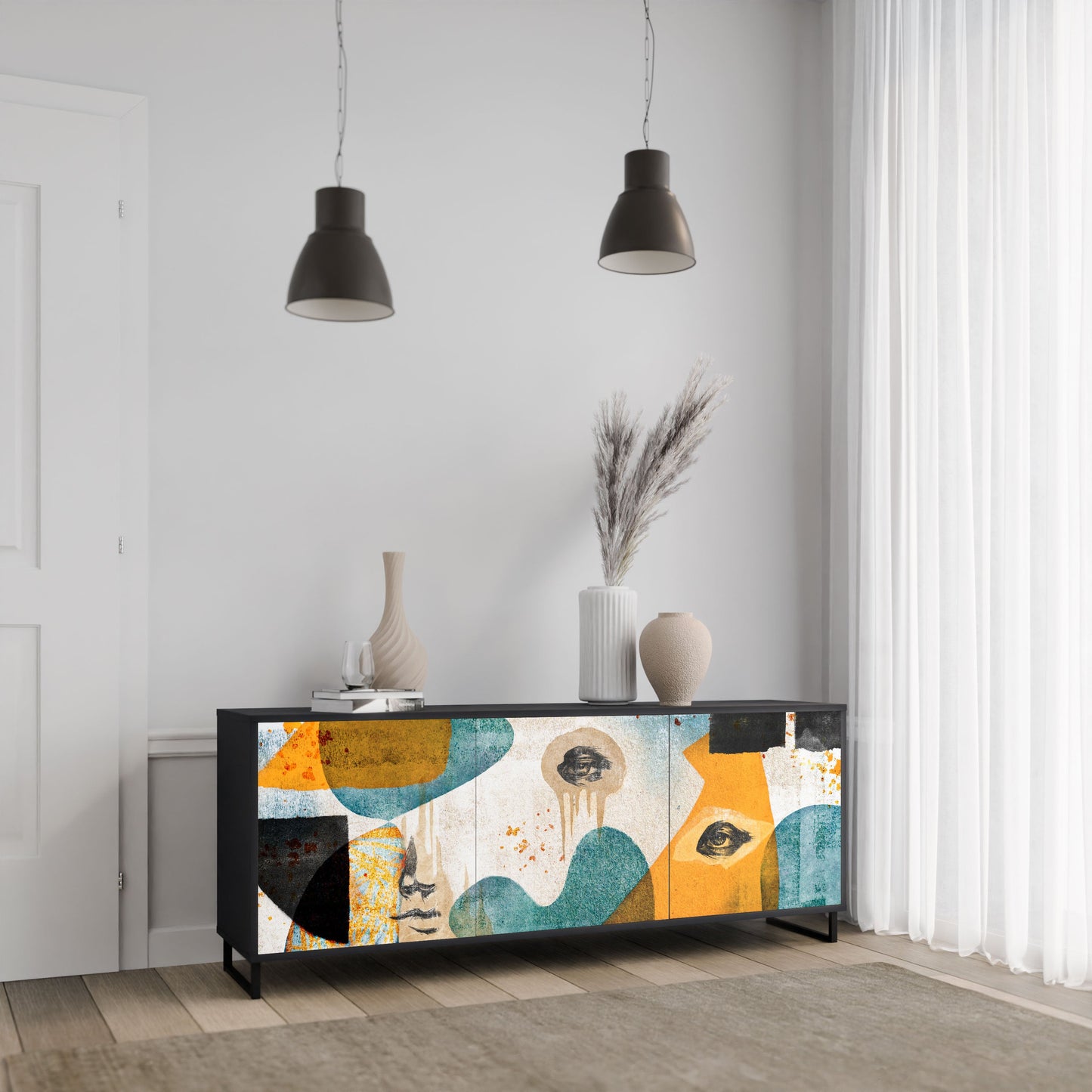 ABSTRACT FACES 3-Door Sideboard in Black Finish