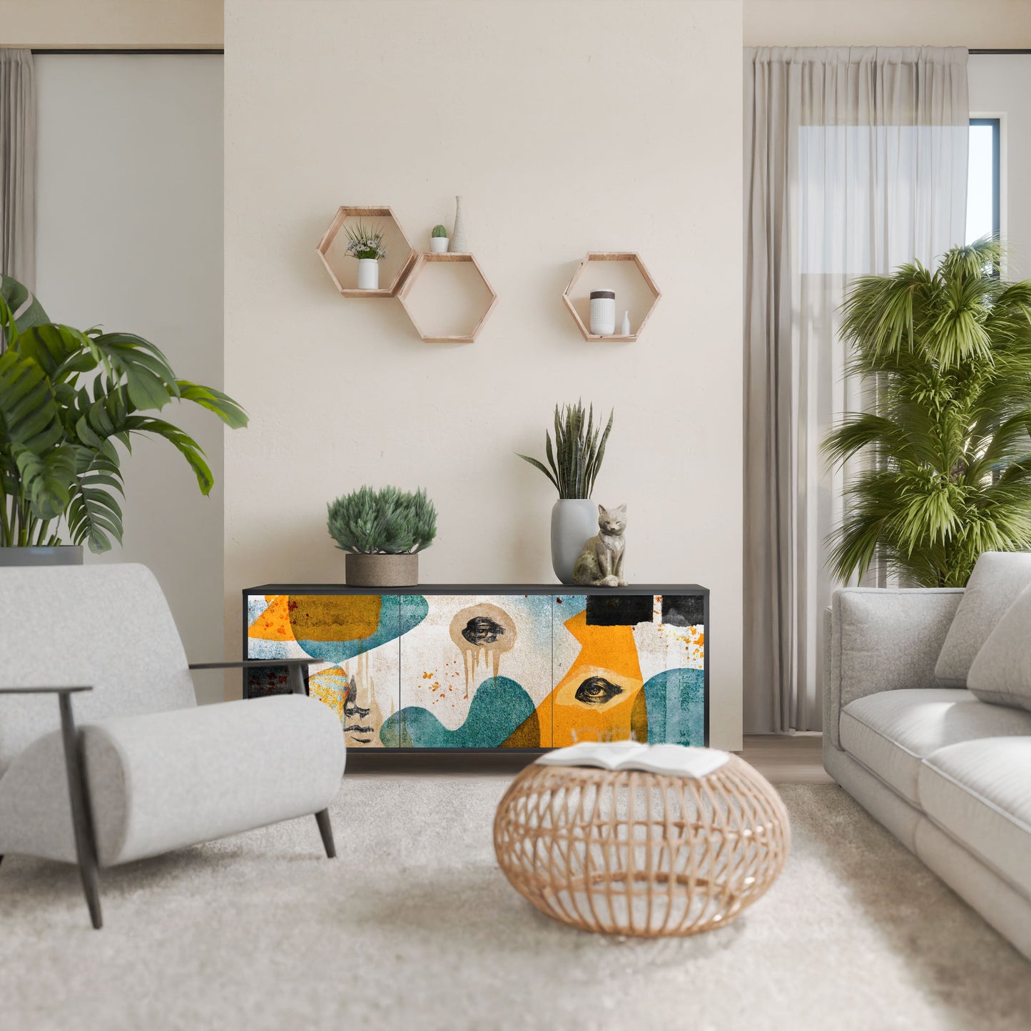 ABSTRACT FACES 3-Door Sideboard in Black Finish