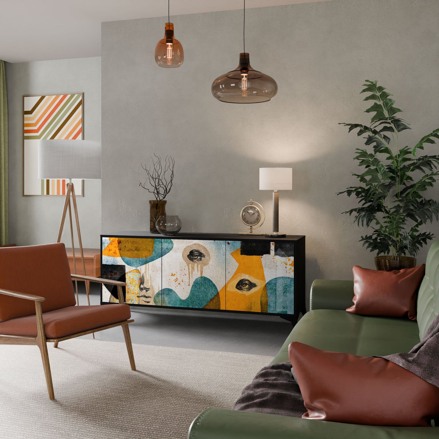 ABSTRACT FACES 3-Door Sideboard in Black Finish