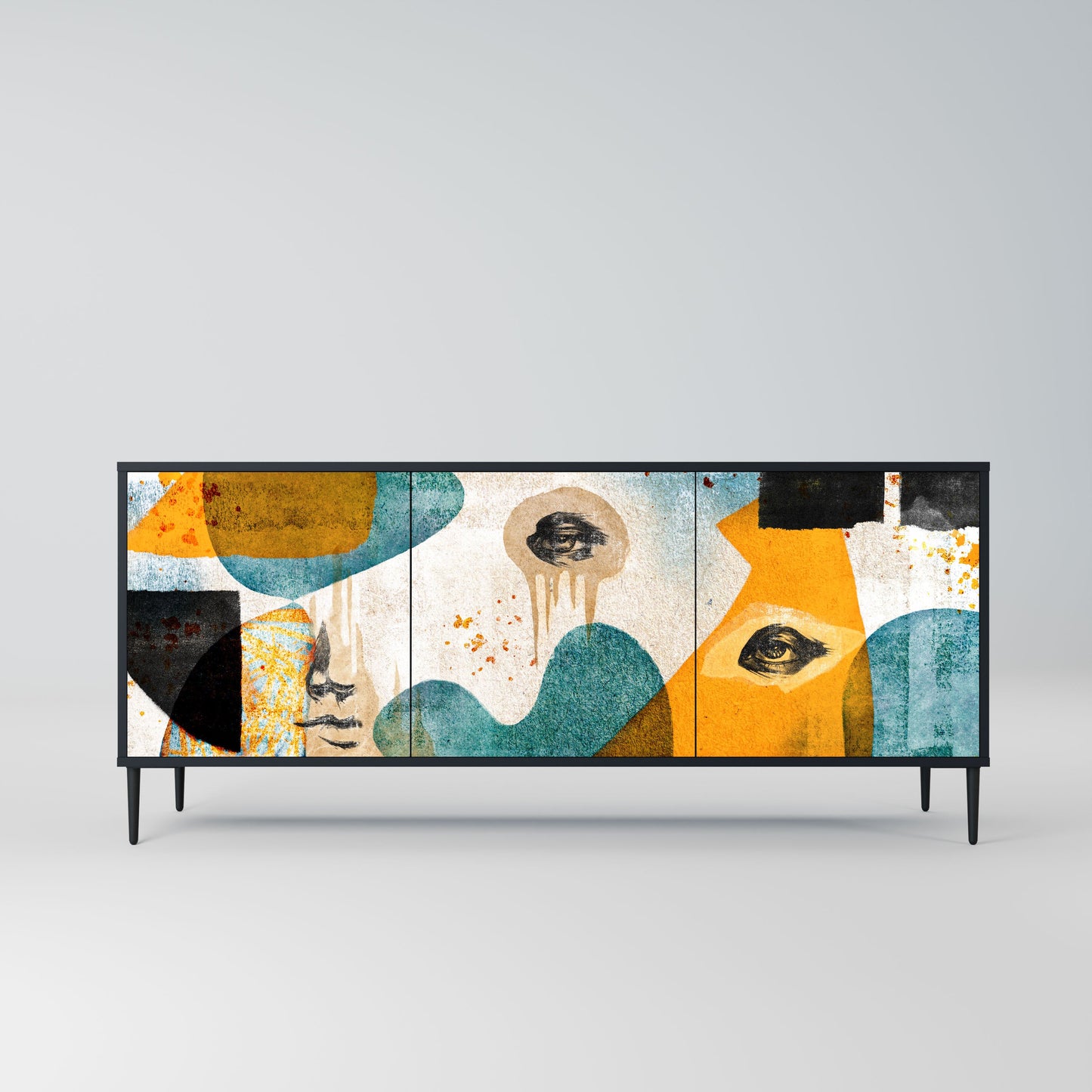 ABSTRACT FACES 3-Door Sideboard in Black Finish
