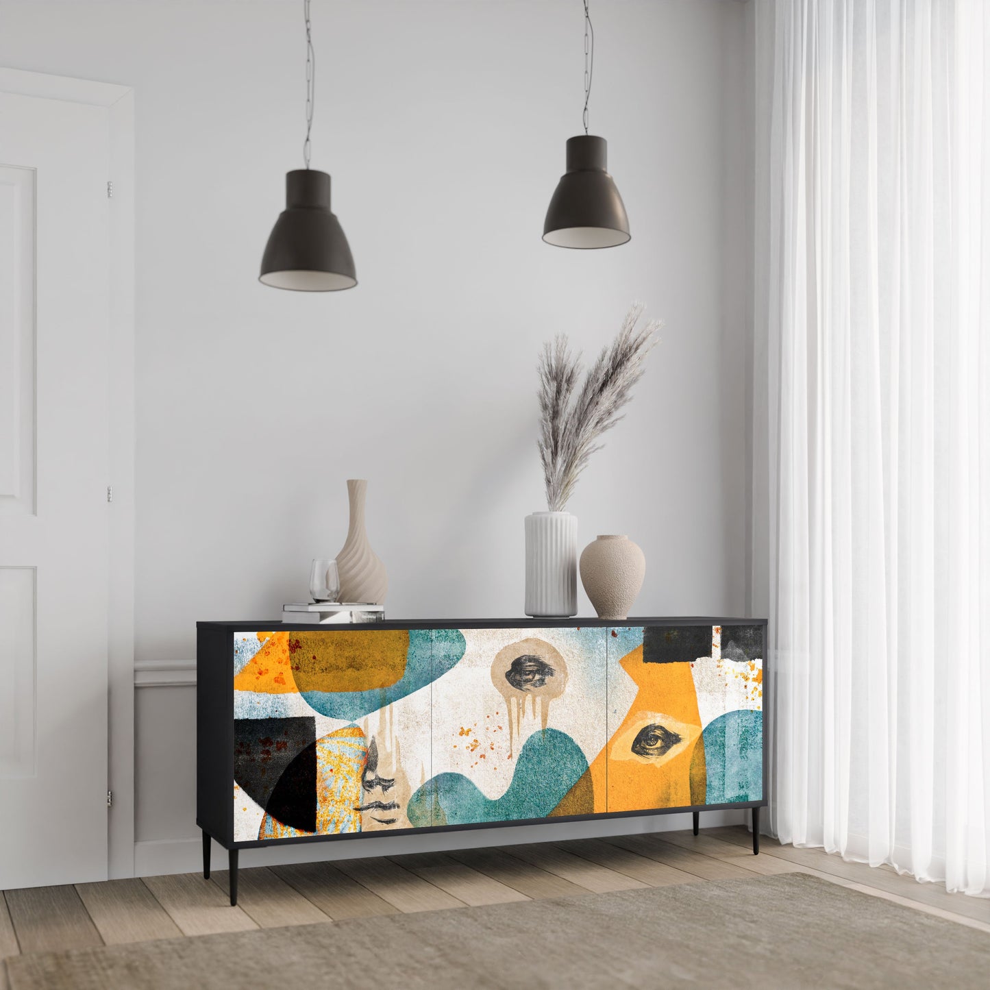 ABSTRACT FACES 3-Door Sideboard in Black Finish