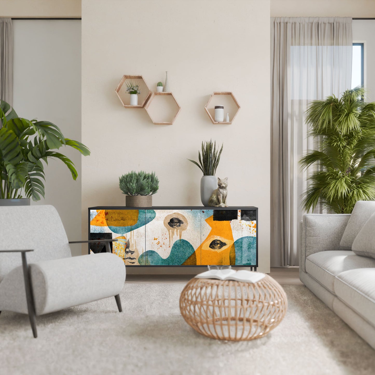 ABSTRACT FACES 3-Door Sideboard in Black Finish