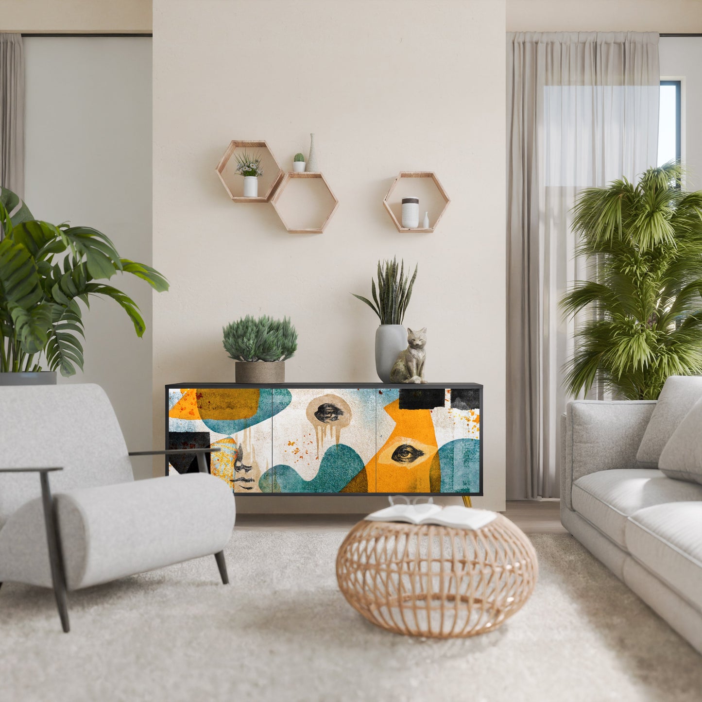 ABSTRACT FACES 3-Door Sideboard in Black Finish