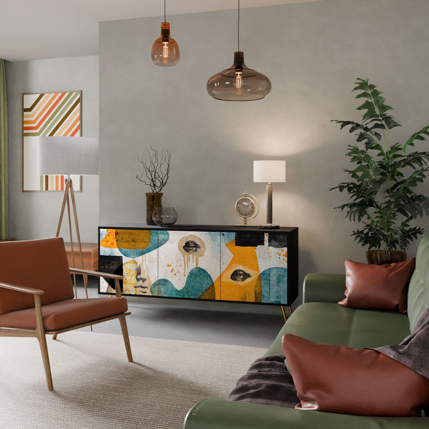 ABSTRACT FACES 3-Door Sideboard in Black Finish