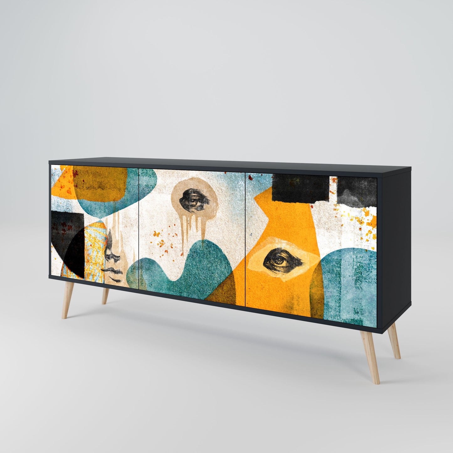 ABSTRACT FACES 3-Door Sideboard in Black Finish