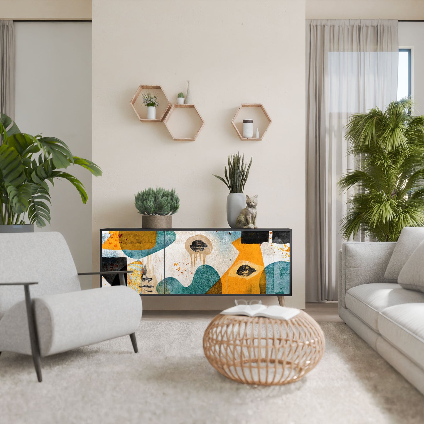 ABSTRACT FACES 3-Door Sideboard in Black Finish