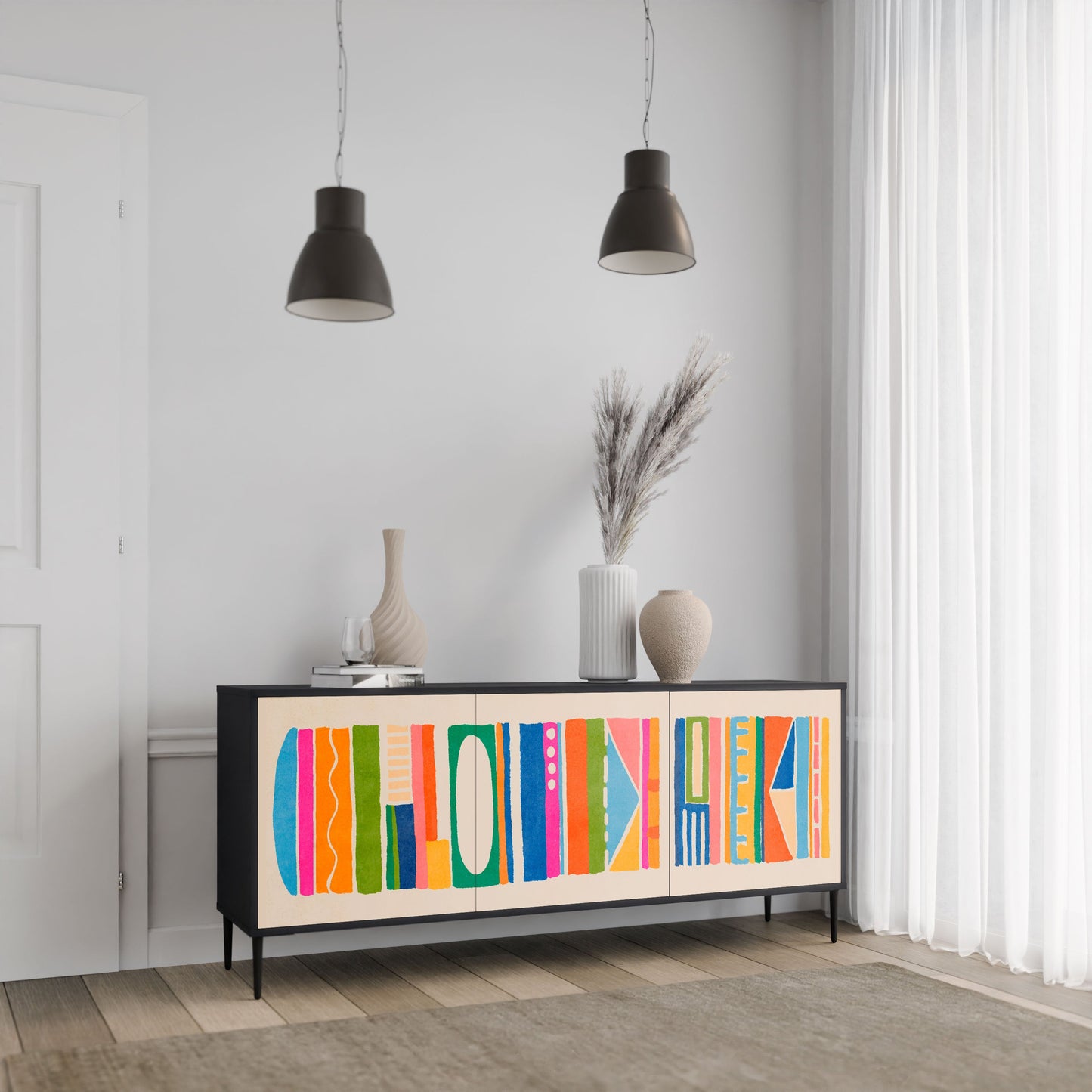 GEOMETRIC SHINE 3-Door Sideboard in Black Finish