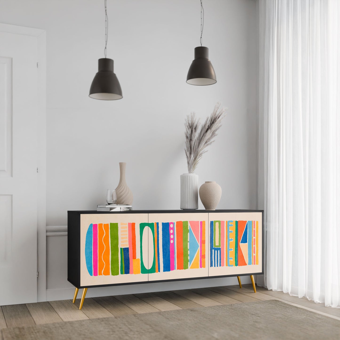 GEOMETRIC SHINE 3-Door Sideboard in Black Finish
