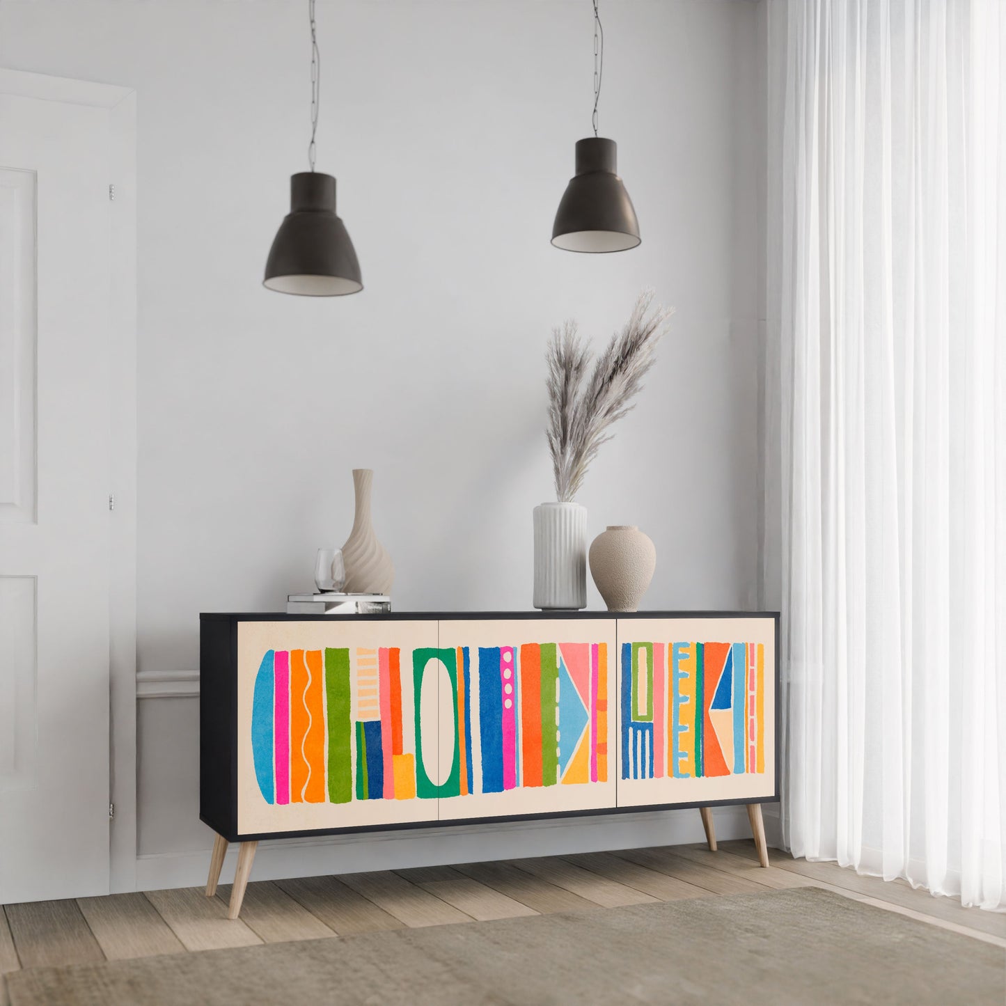 GEOMETRIC SHINE 3-Door Sideboard in Black Finish