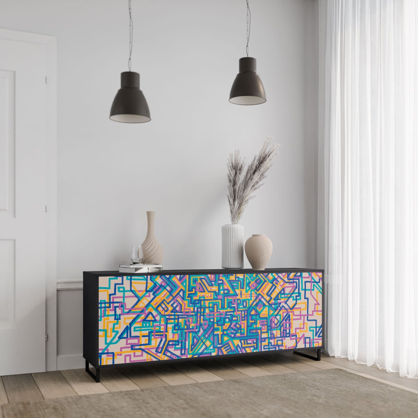 MEMORIES MAP 3-Door Sideboard in Black Finish