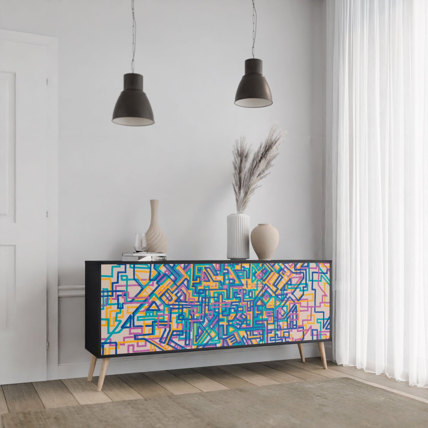 MEMORIES MAP 3-Door Sideboard in Black Finish