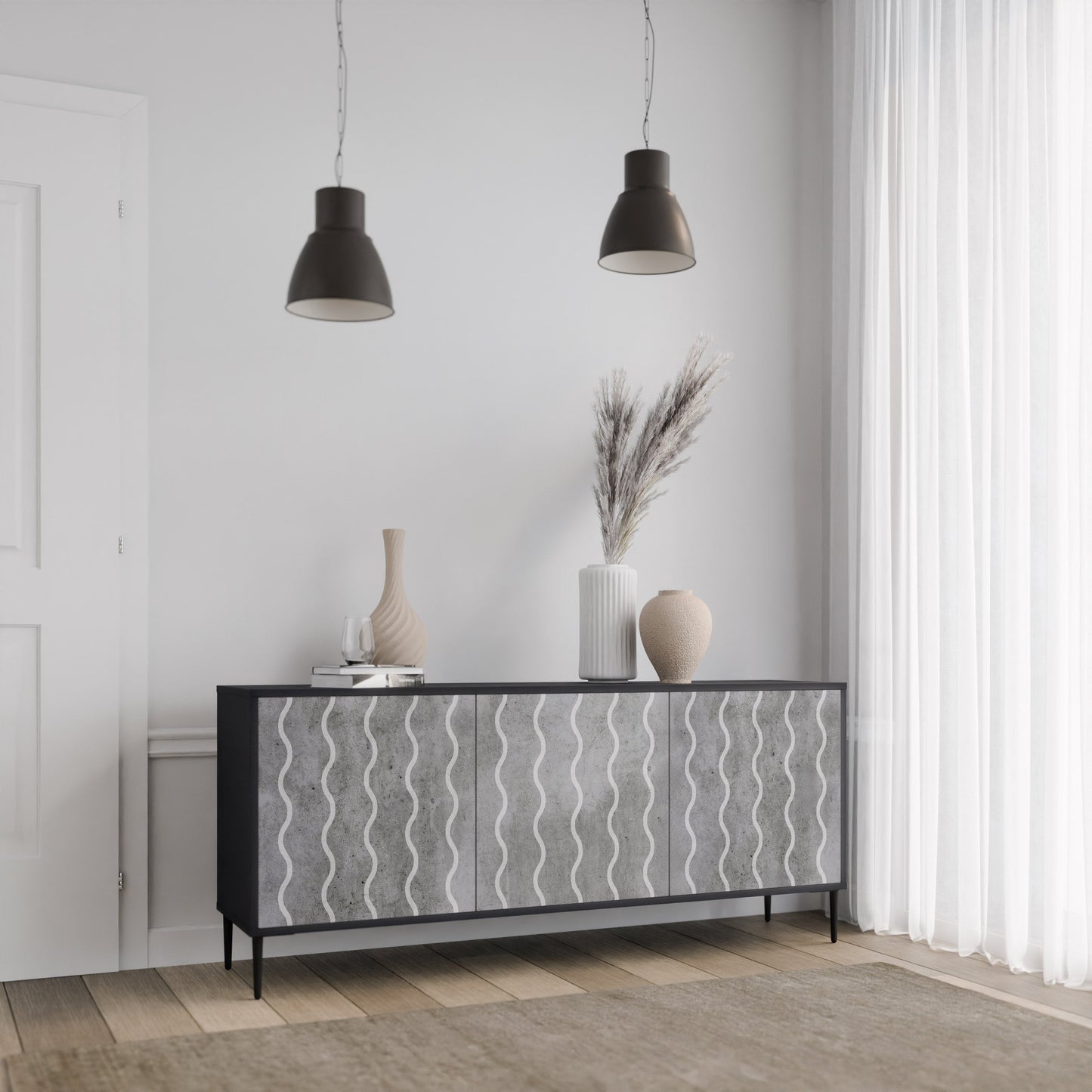 WAVES OF CONCRETE 3-Door Sideboard in Black Finish
