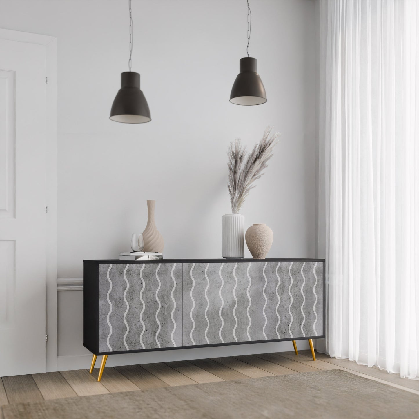 WAVES OF CONCRETE 3-Door Sideboard in Black Finish