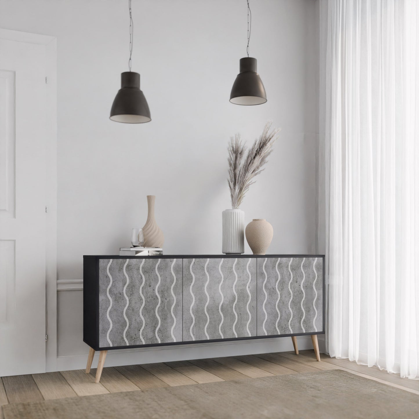 WAVES OF CONCRETE 3-Door Sideboard in Black Finish
