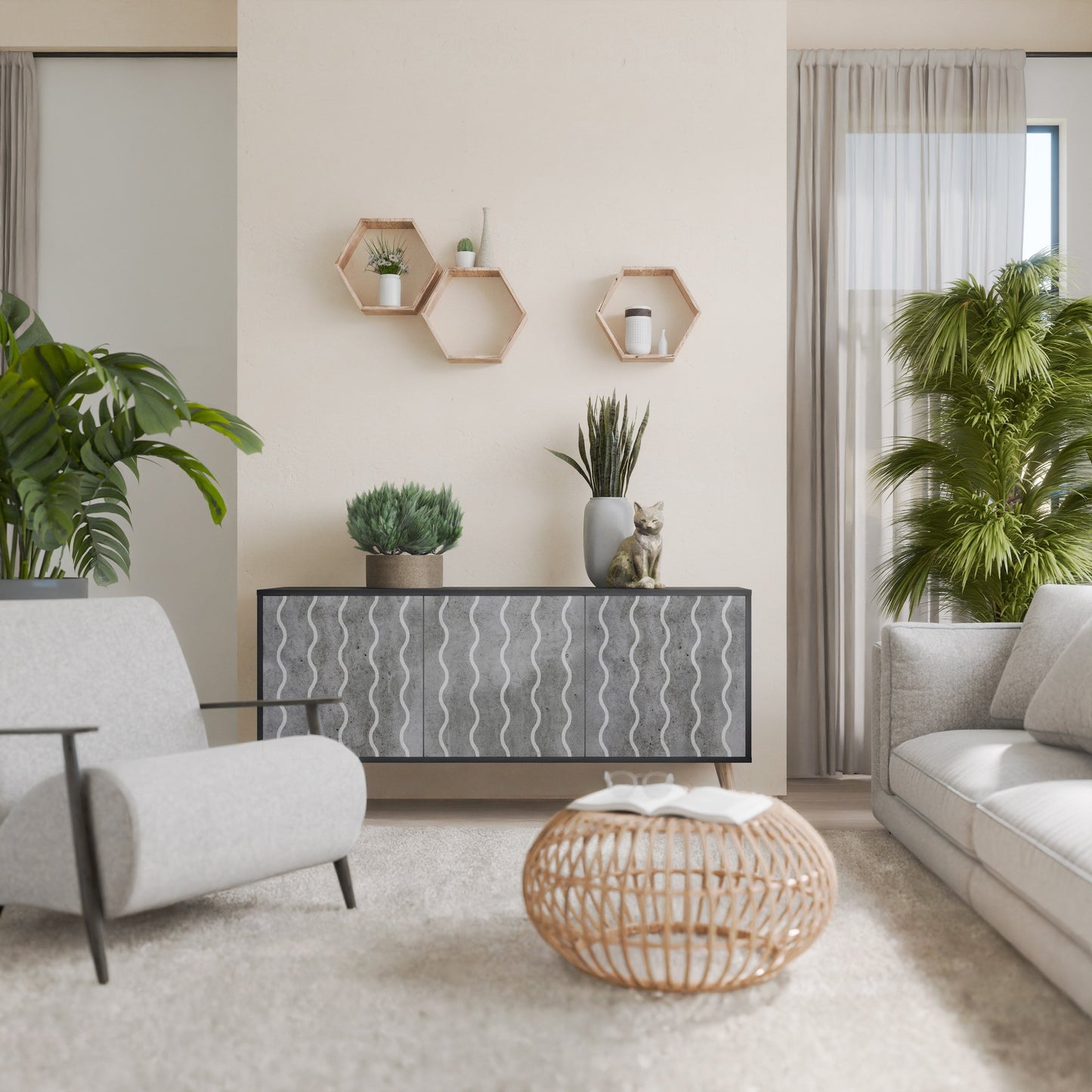 WAVES OF CONCRETE 3-Door Sideboard in Black Finish