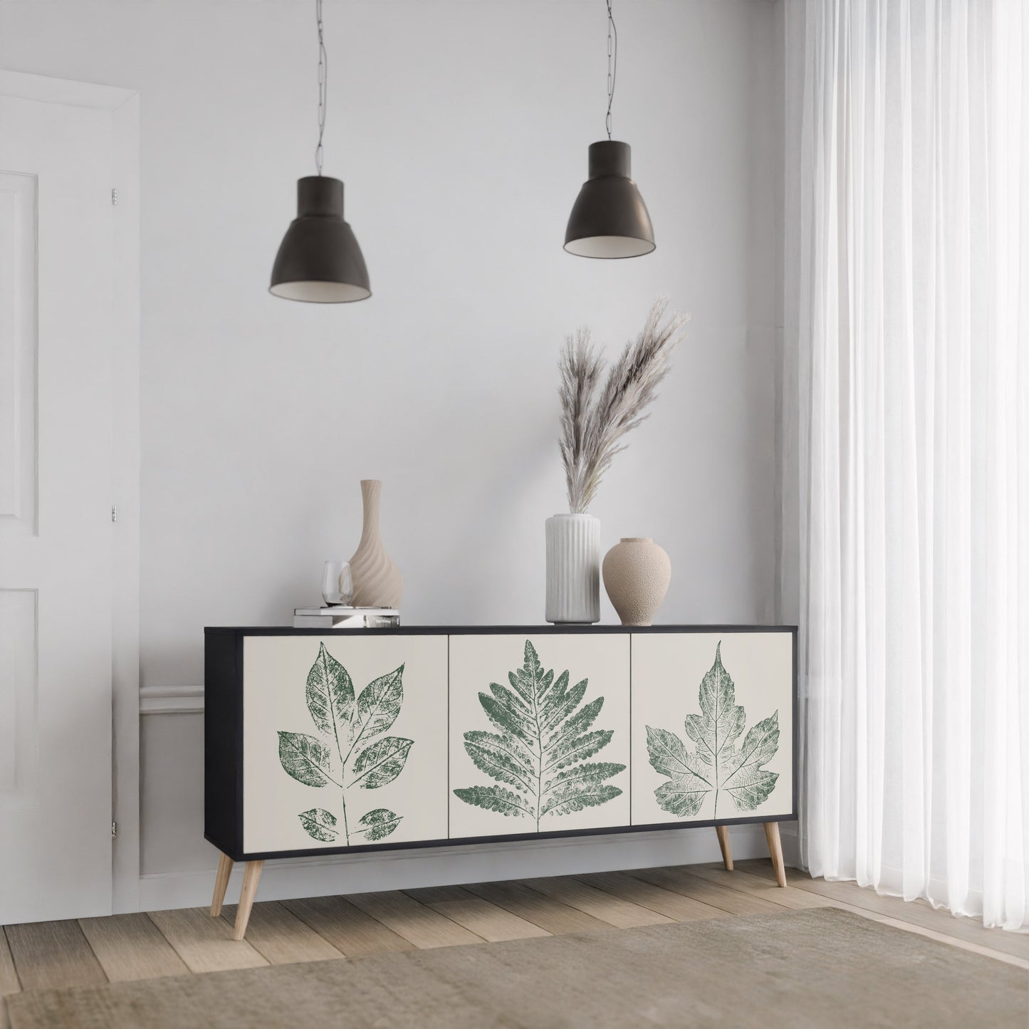 GREEN LEAFY STAMPS 3-Door Sideboard in Black Finish
