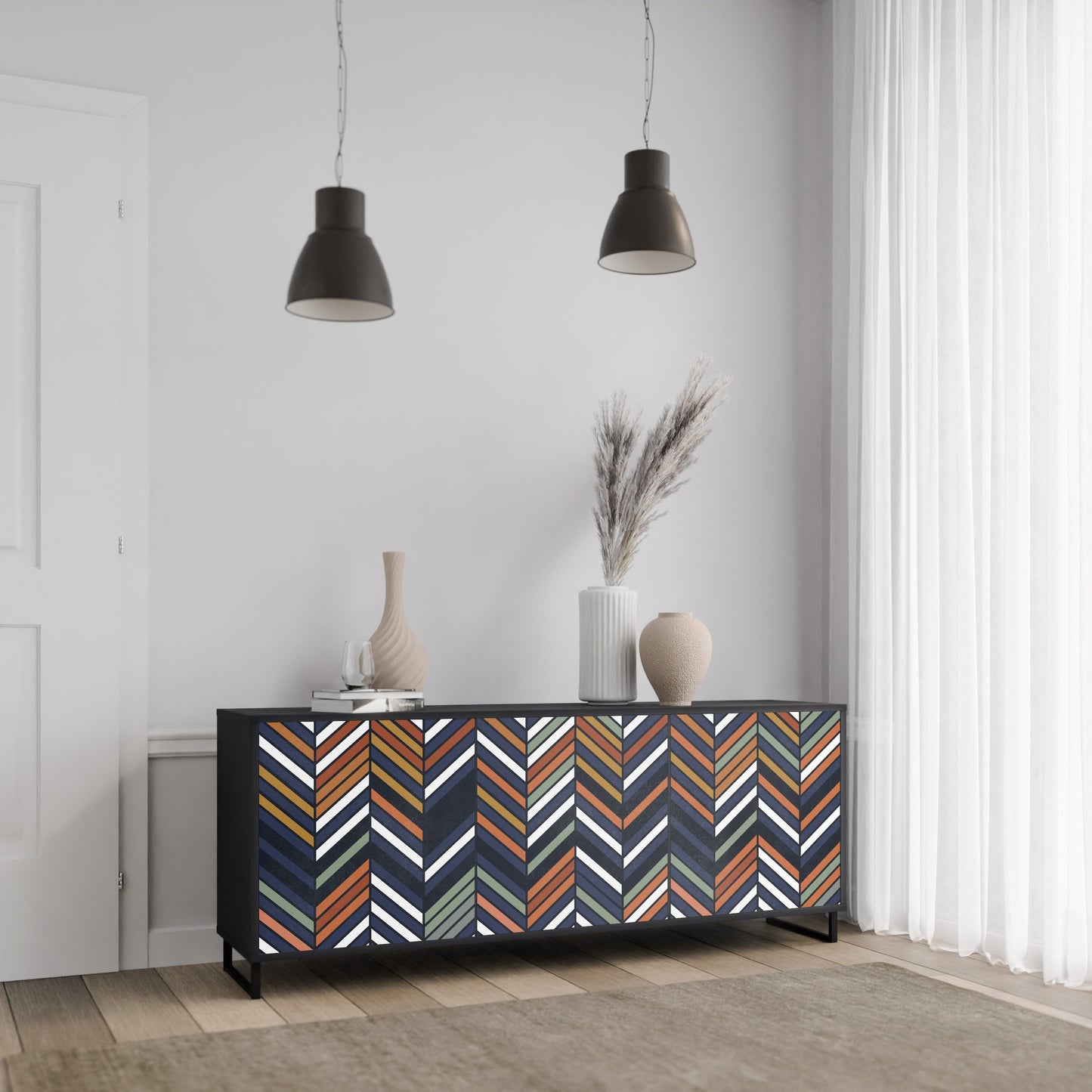 VIBRANT PATCHWORK 3-Door Sideboard in Black Finish