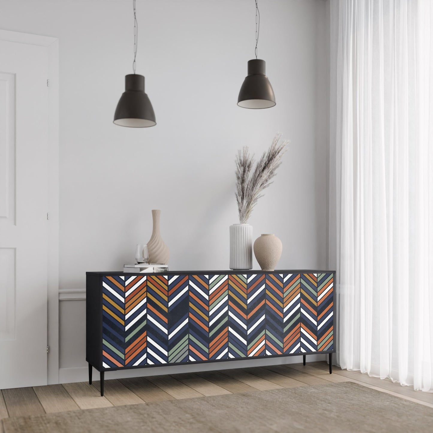 VIBRANT PATCHWORK 3-Door Sideboard in Black Finish