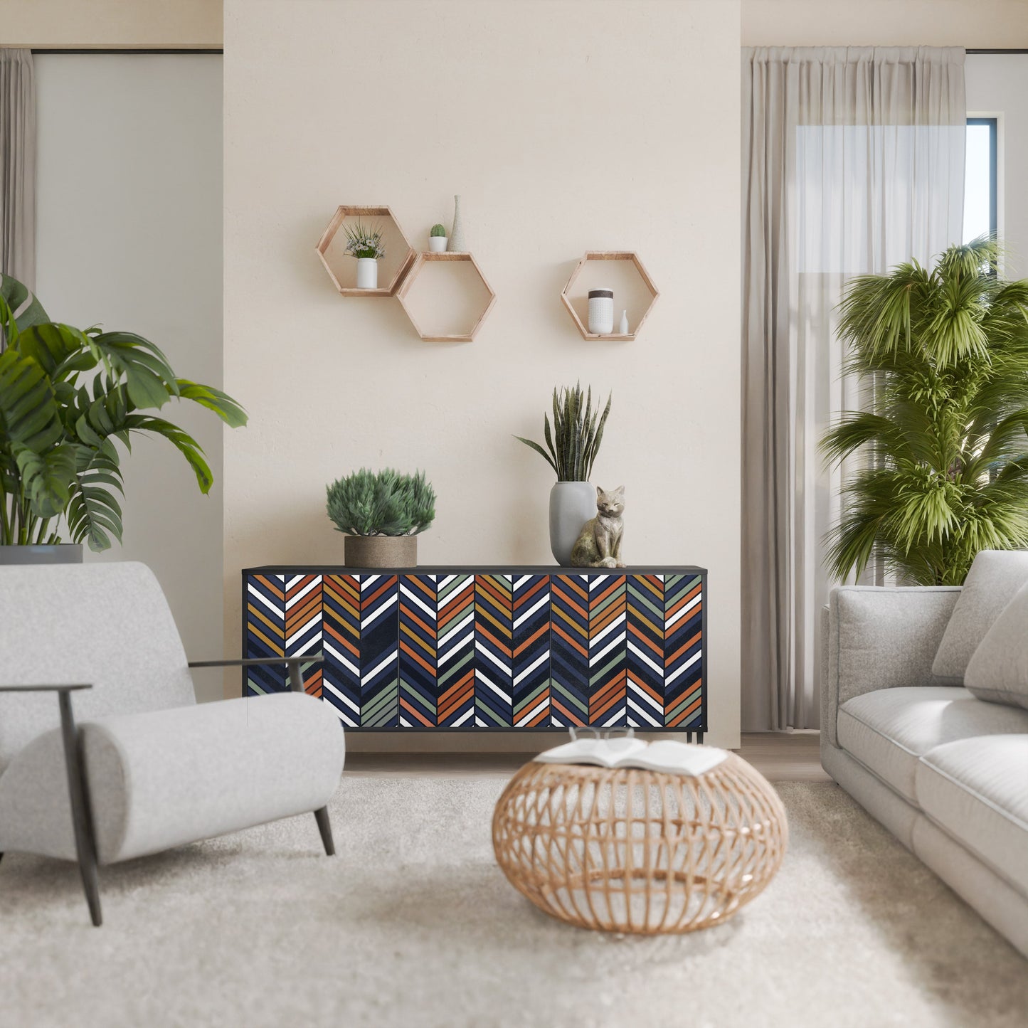 VIBRANT PATCHWORK 3-Door Sideboard in Black Finish