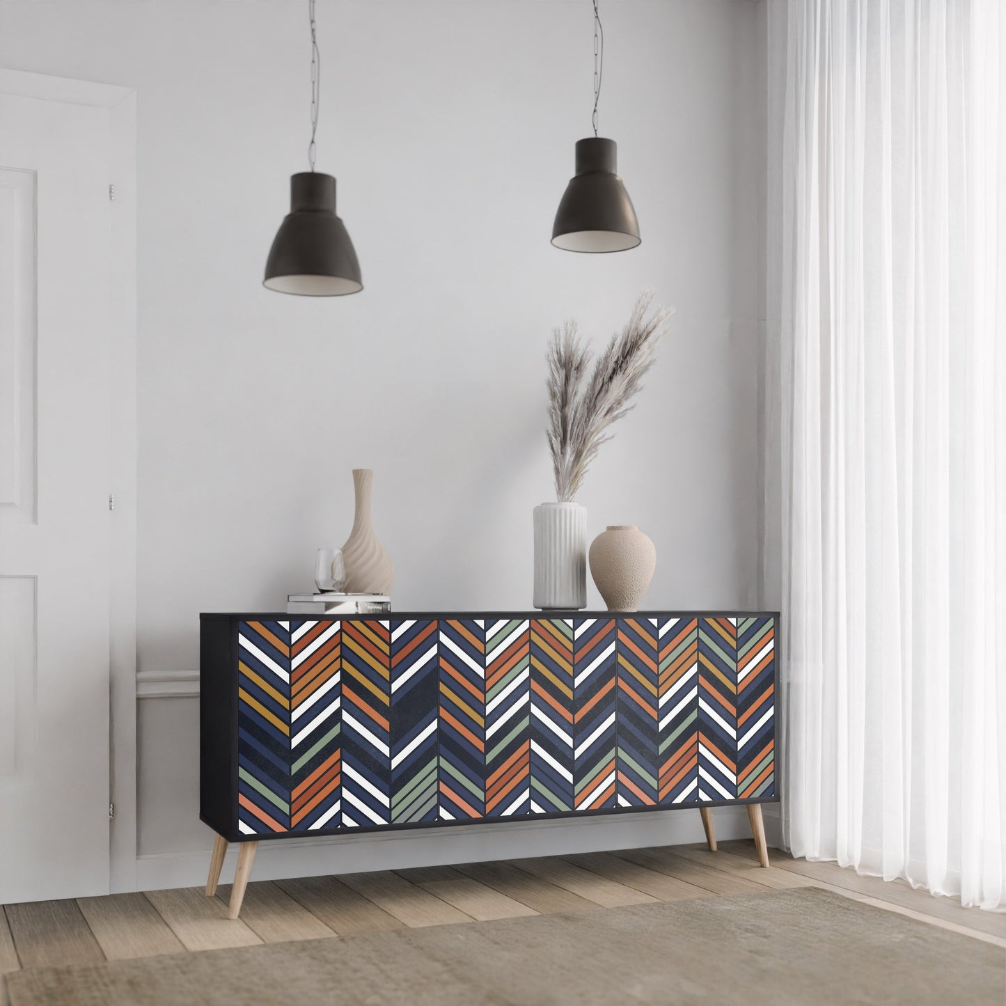 VIBRANT PATCHWORK 3-Door Sideboard in Black Finish