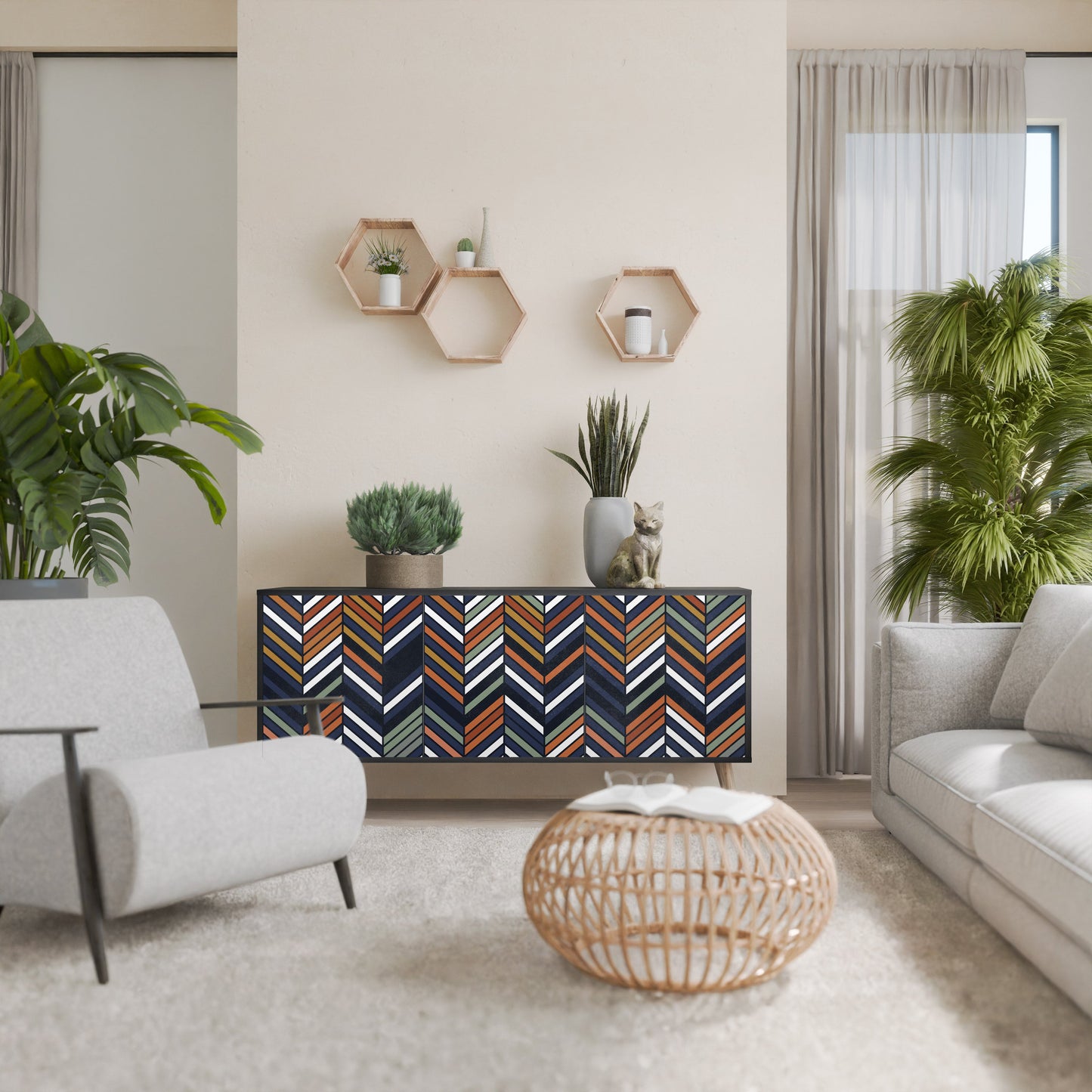 VIBRANT PATCHWORK 3-Door Sideboard in Black Finish