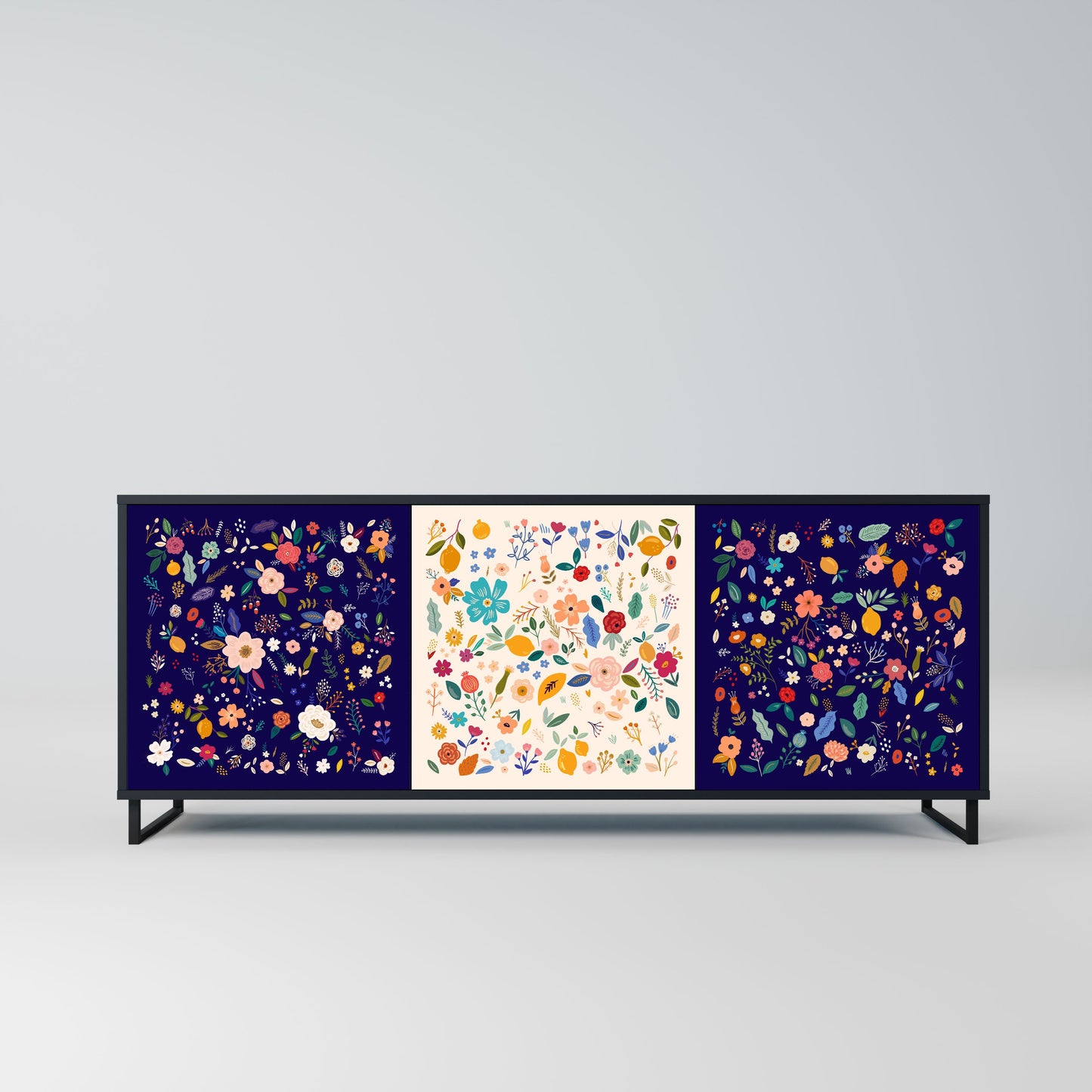 FLORAL COMBINATION 3-Door Sideboard in Black Finish