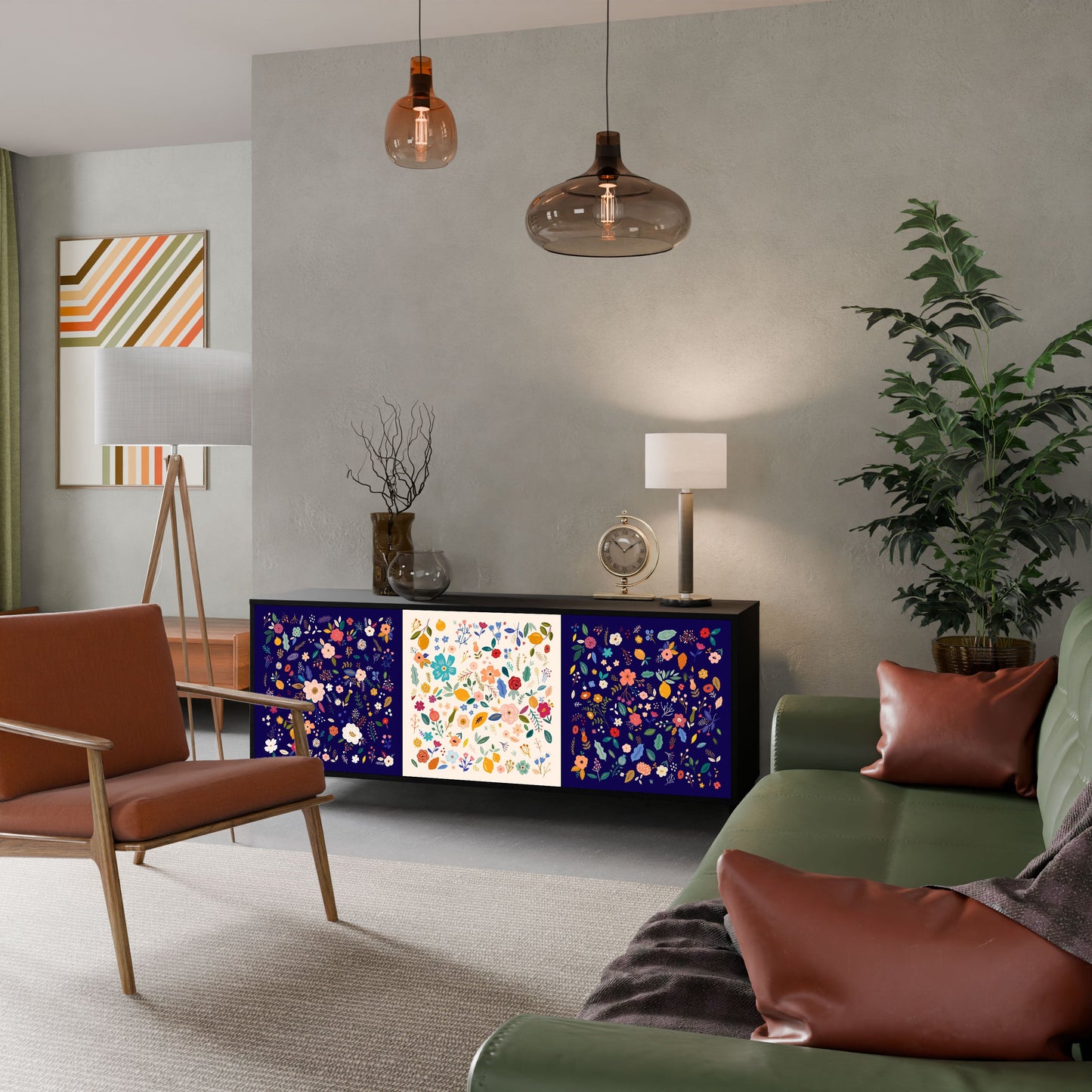 FLORAL COMBINATION 3-Door Sideboard in Black Finish