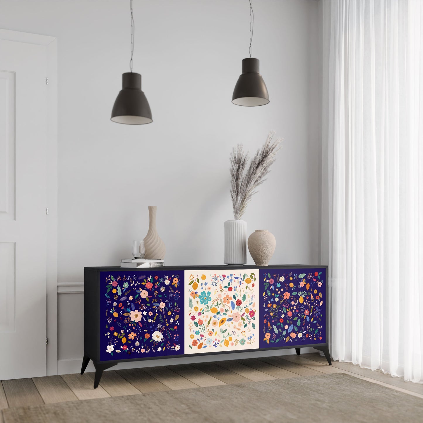 FLORAL COMBINATION 3-Door Sideboard in Black Finish