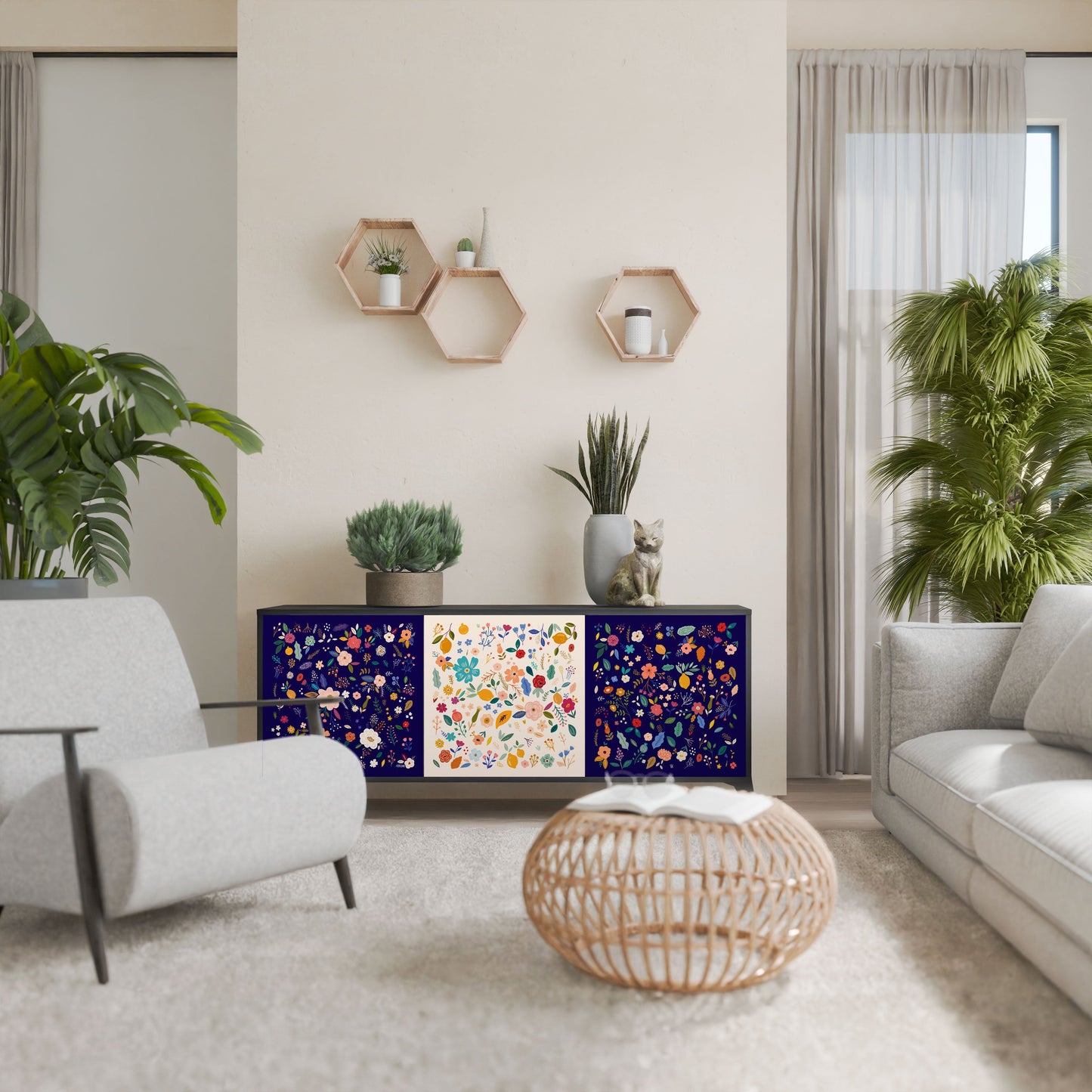 FLORAL COMBINATION 3-Door Sideboard in Black Finish