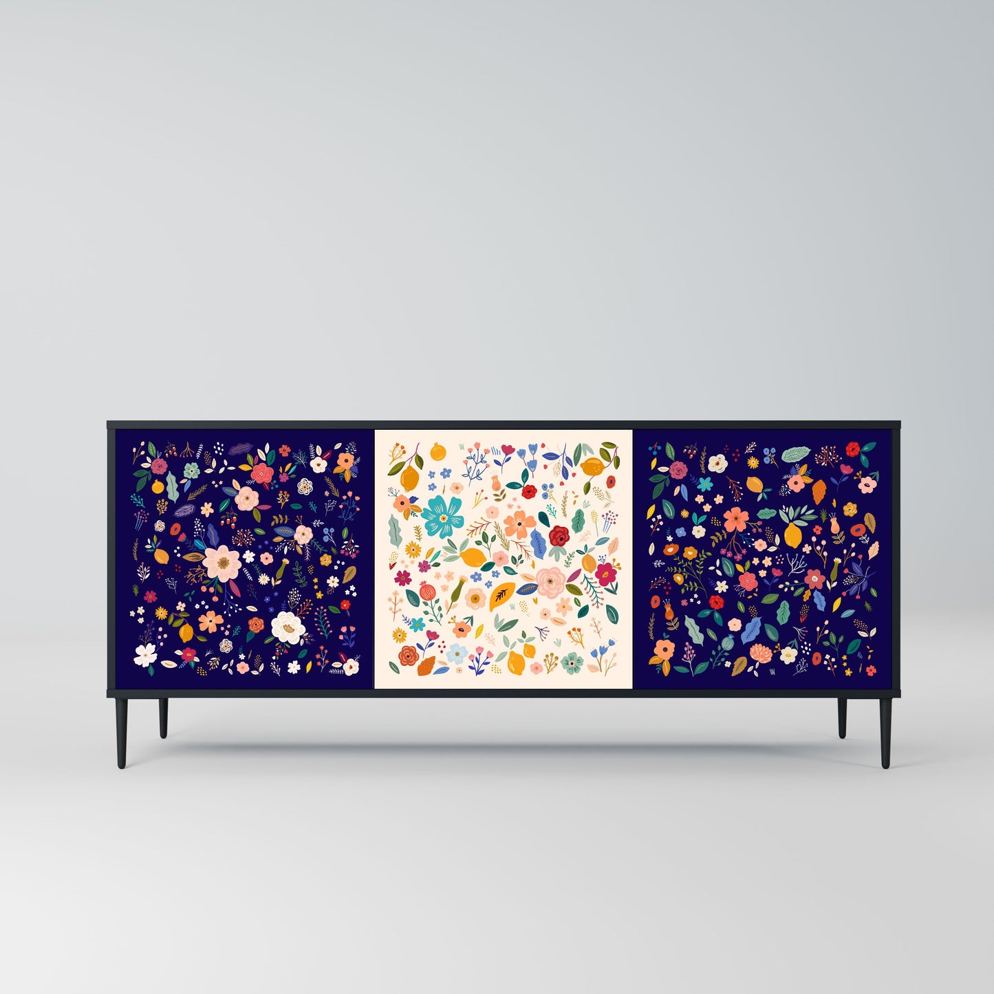 FLORAL COMBINATION 3-Door Sideboard in Black Finish