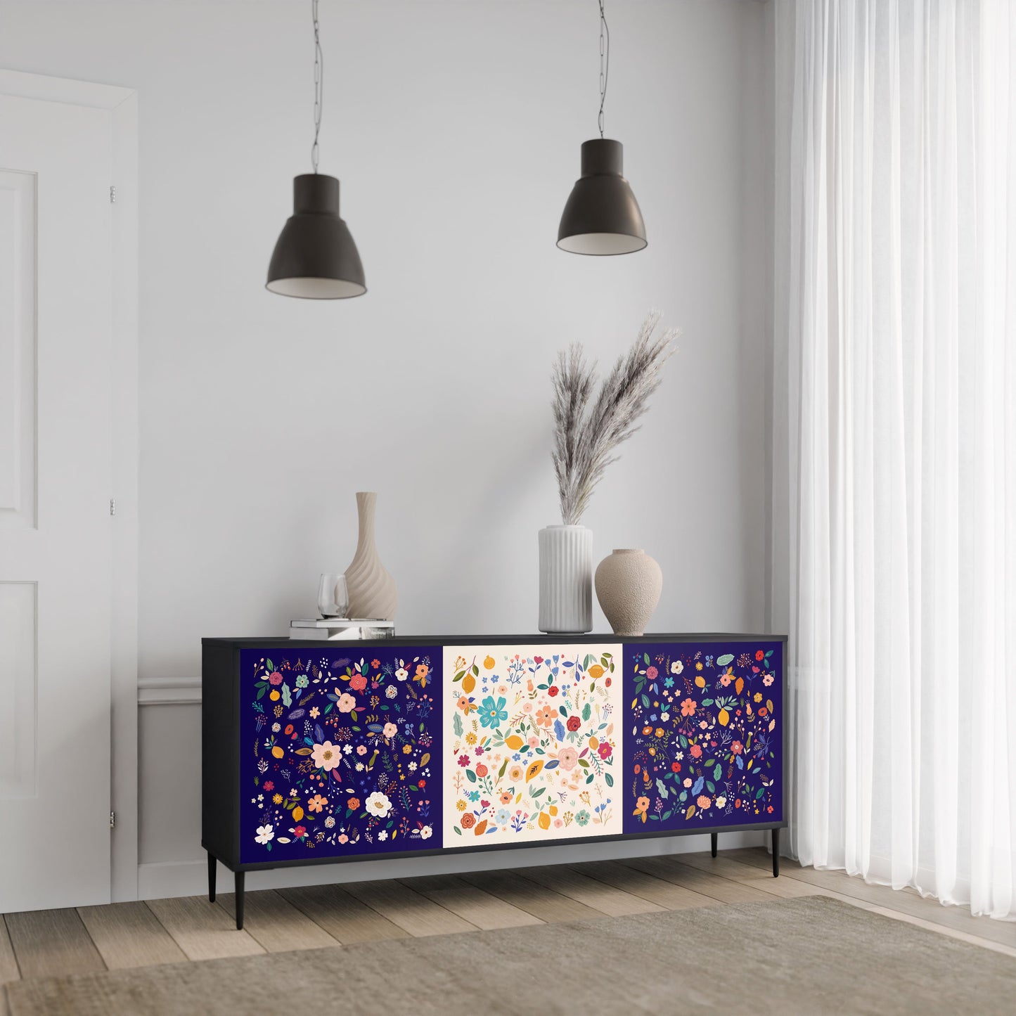 FLORAL COMBINATION 3-Door Sideboard in Black Finish