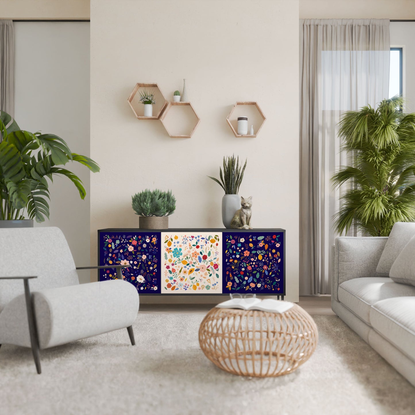 FLORAL COMBINATION 3-Door Sideboard in Black Finish